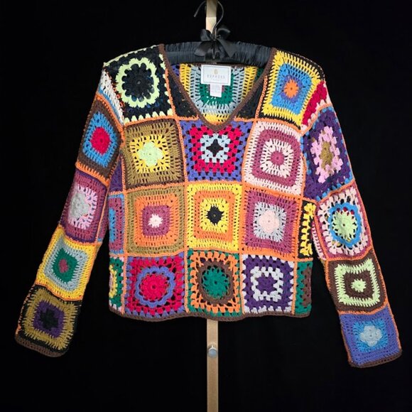 Vintage 90s Express Tricot Granny Square Crochet Sweater L - Picture 1 of 9